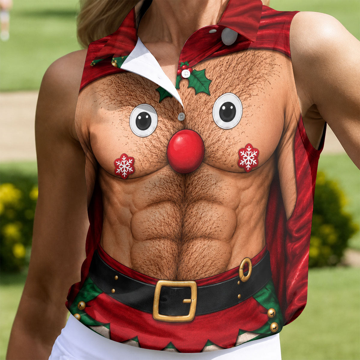Reindeer Hairy Chest Abs Christmas Golf Shirt, Womens Golf Tops, Golf Gifts For Women