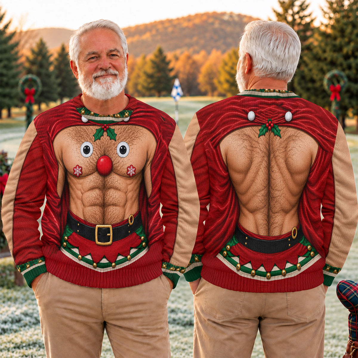 Reindeer Hairy Chest Abs Ugly Christmas Sweater, Christmas Gifts, Christmas Golf Gift