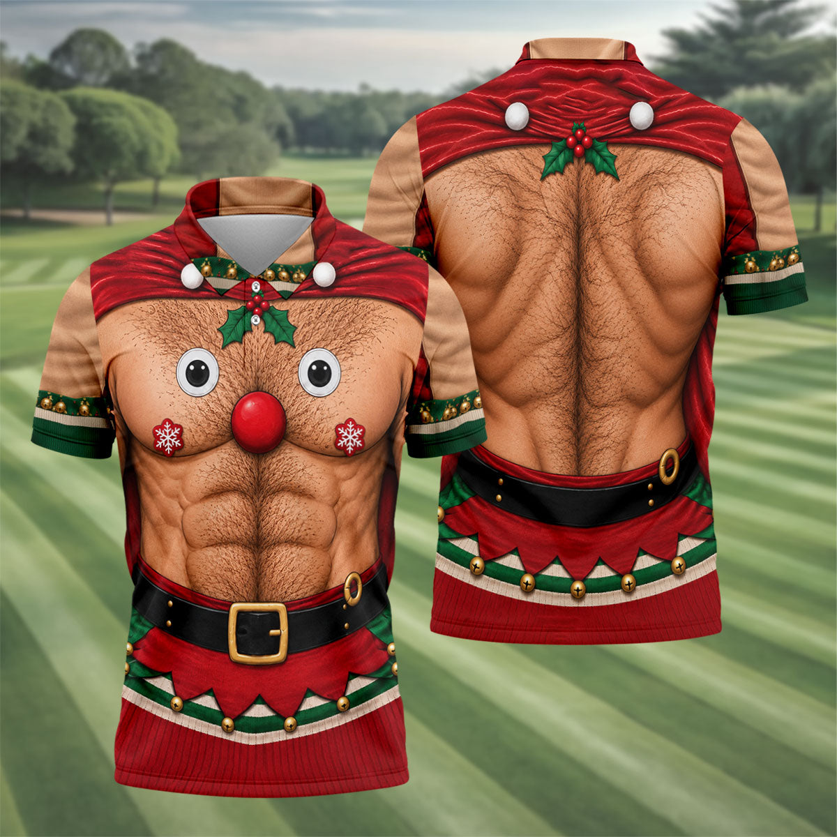 Reindeer Hairy Chest Abs Christmas Golf Shirt, Golf Shirts For Men, Mens Golf Shirts