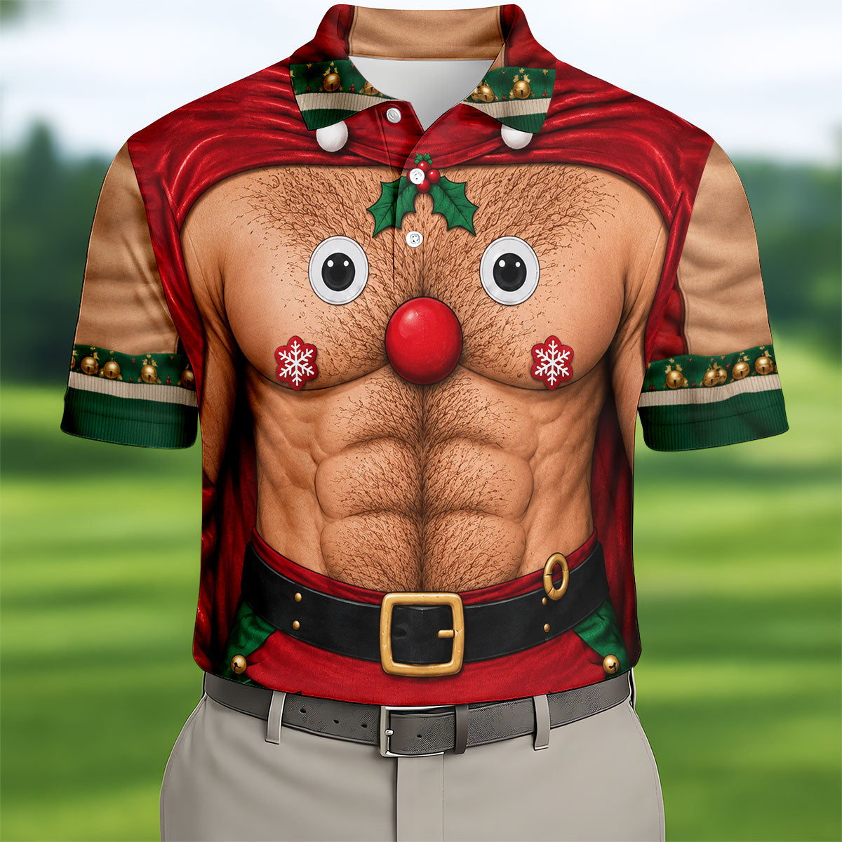 Reindeer Hairy Chest Abs Christmas Golf Shirt, Golf Shirts For Men, Mens Golf Shirts