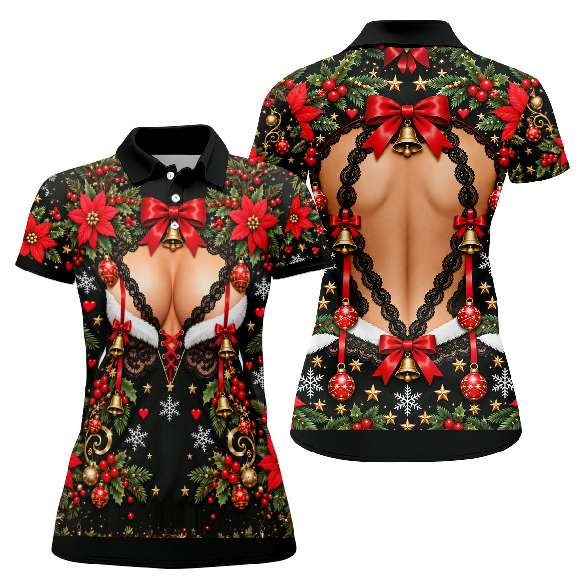 Poinsettia Busty Bells Christmas Golf Shirt, Ladies Golf Shirts, Womens Golf Clothing
