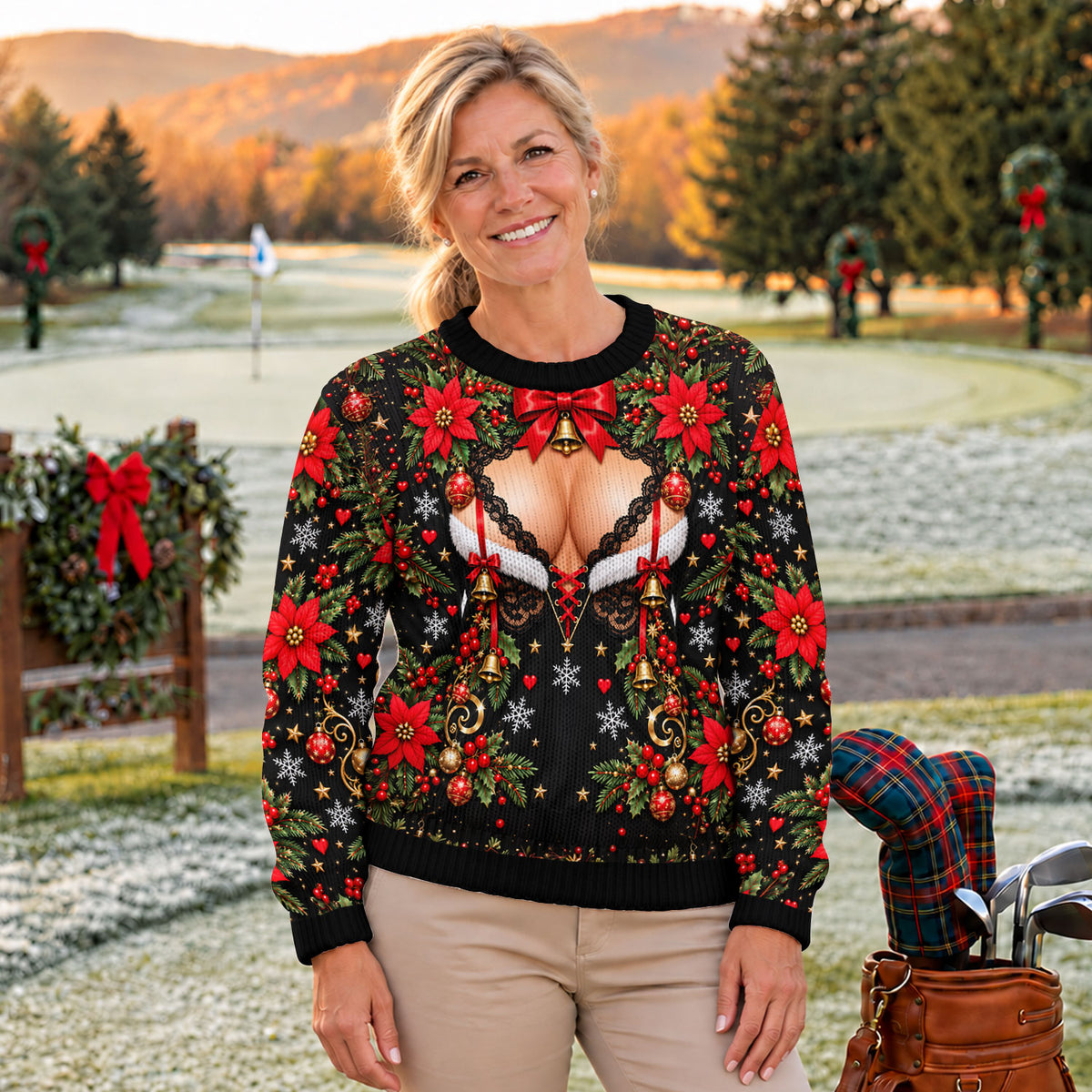 Poinsettia Busty Bells Ugly Christmas Sweater, Holiday Party Sweater, Funny Xmas Gift