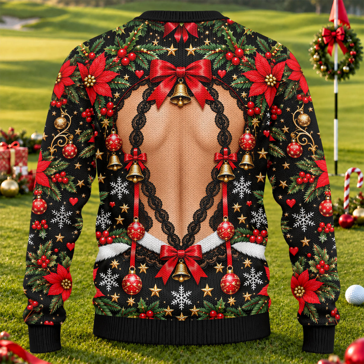 Poinsettia Busty Bells Ugly Christmas Sweater, Holiday Party Sweater, Funny Xmas Gift
