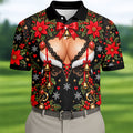 Poinsettia Busty Bells Christmas Golf Shirt, Mens Holiday Golf Shirts, Mens Golf Polo