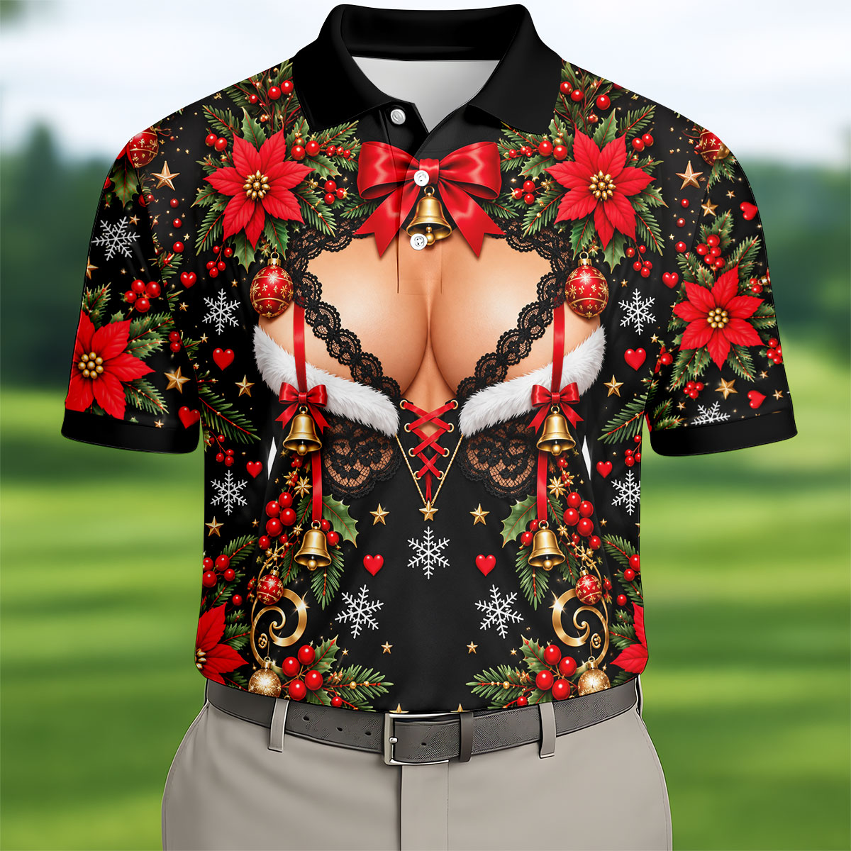 Poinsettia Busty Bells Christmas Golf Shirt, Mens Holiday Golf Shirts, Mens Golf Polo
