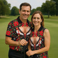 Poinsettia Busty Bells Christmas Golf Shirt, Mens Holiday Golf Shirts, Mens Golf Polo
