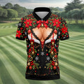 Poinsettia Busty Bells Christmas Golf Shirt, Mens Holiday Golf Shirts, Mens Golf Polo