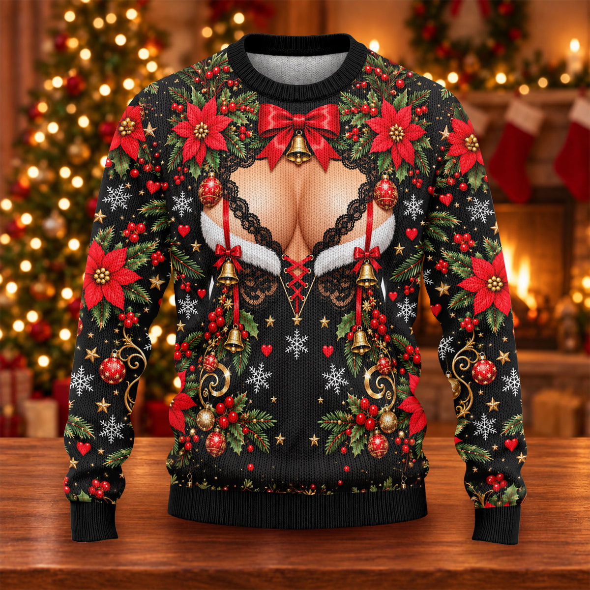 Poinsettia Busty Bells Ugly Christmas Sweater, Holiday Party Sweater, Funny Xmas Gift