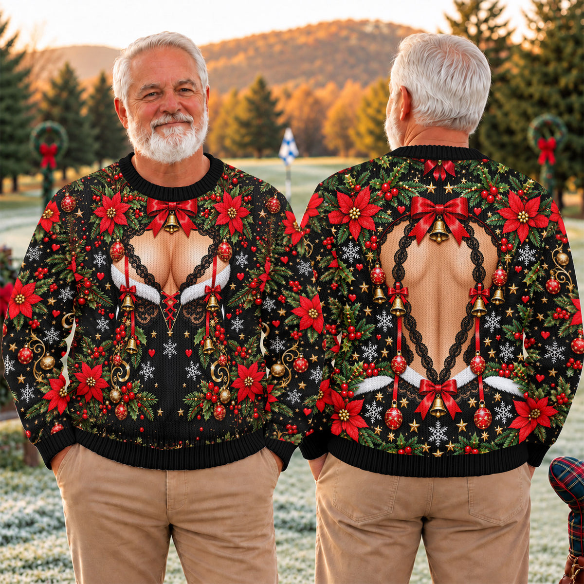 Poinsettia Busty Bells Ugly Christmas Sweater, Holiday Party Sweater, Funny Xmas Gift
