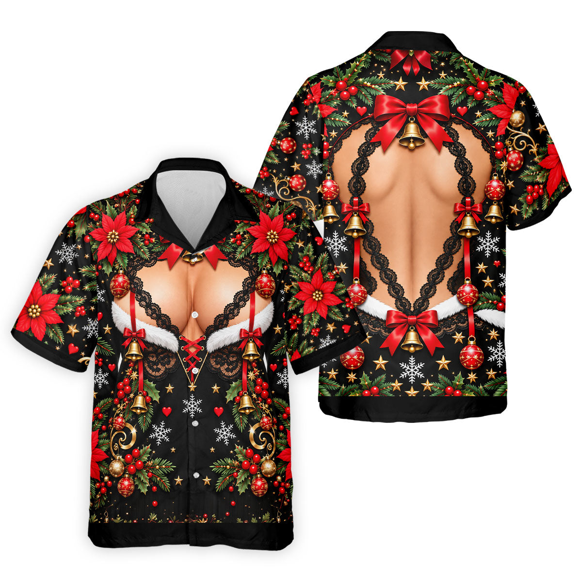 Poinsettia Busty Bells Christmas Golf Shirt, Mens Holiday Golf Shirts, Mens Golf Polo