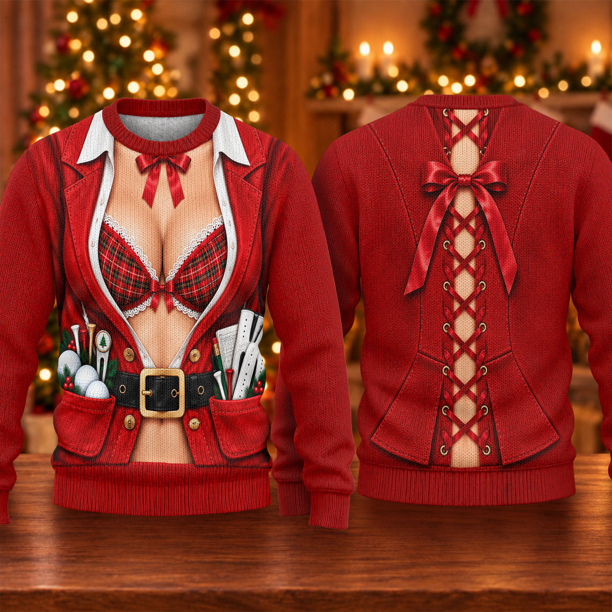 Plaid Bra Santa Suit Ugly Christmas Sweater, Christmas Golf Gift, Ugly Sweater Party