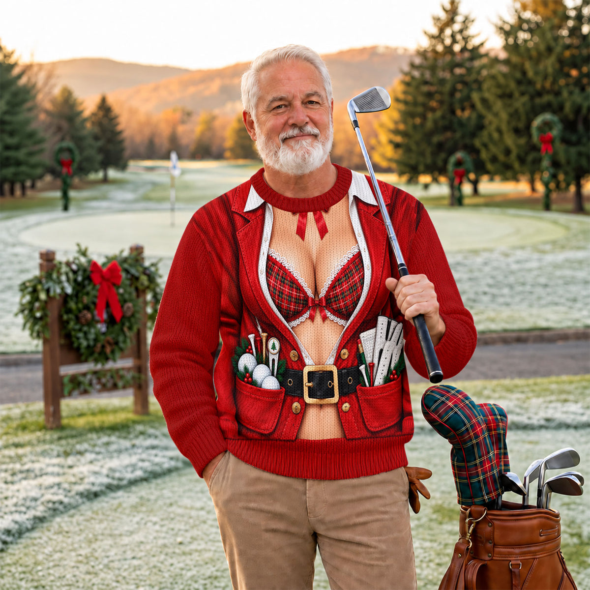 Plaid Bra Santa Suit Ugly Christmas Sweater, Christmas Golf Gift, Ugly Sweater Party
