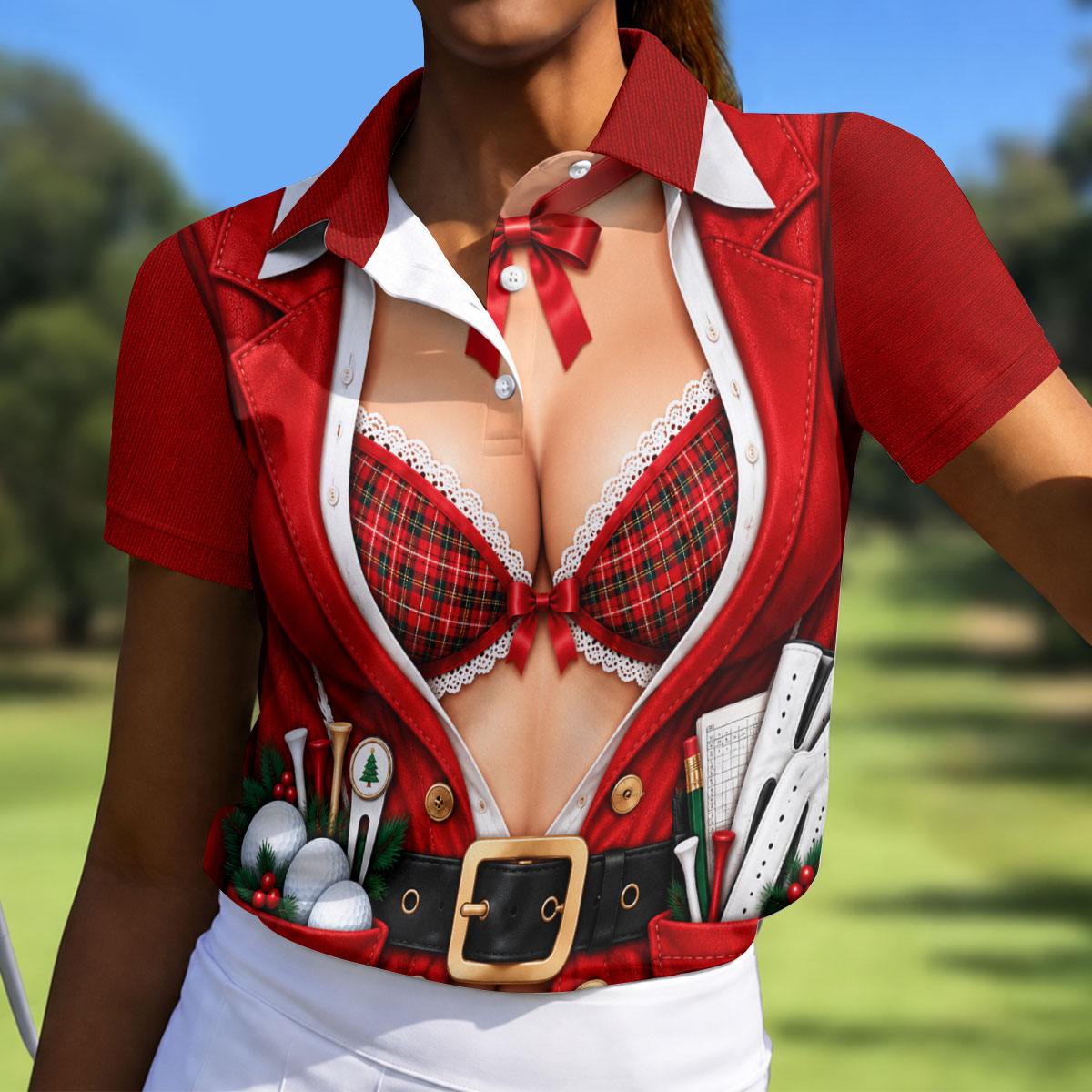 Plaid Bra Santa Suit Christmas Golf Shirt, Ladies Golf Apparel, Golf Shirts For Women