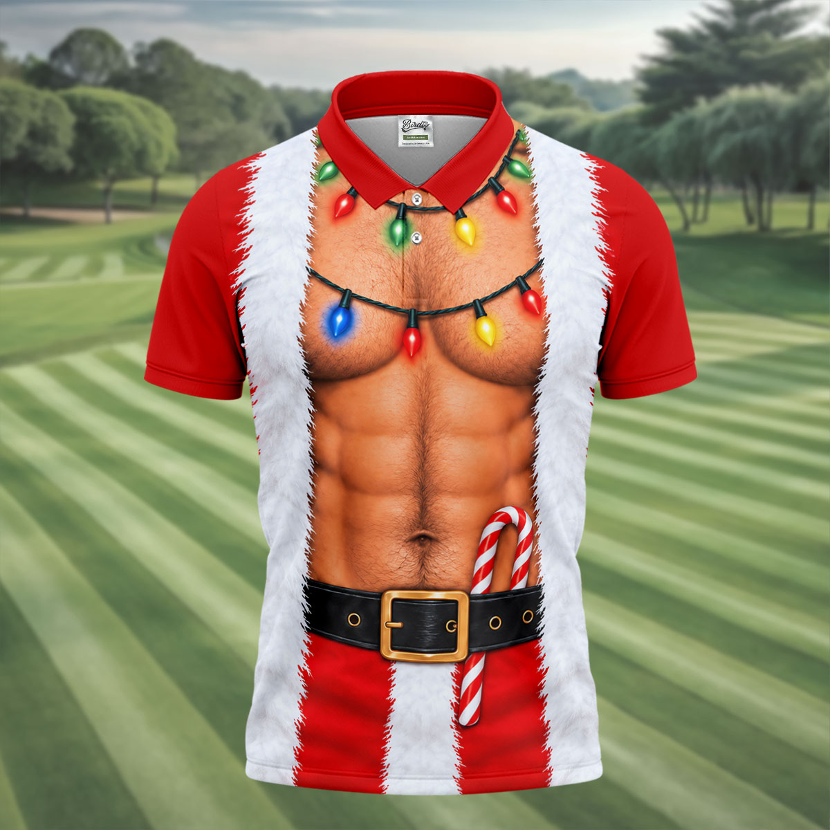 Santa Abs Lights Candy Cane Christmas Golf Shirt, Mens Golf Polo, Golf Shirts For Men
