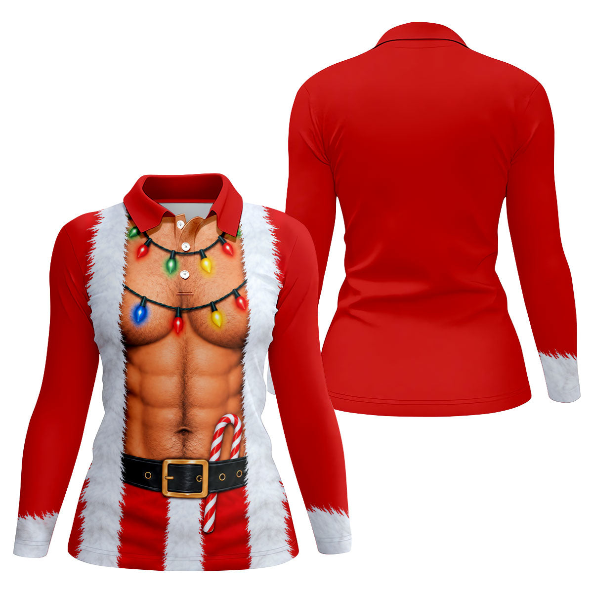 Santa Abs Lights Candy Cane Christmas Golf Shirt, Womens Golf Tops, Ladies Golf Tops