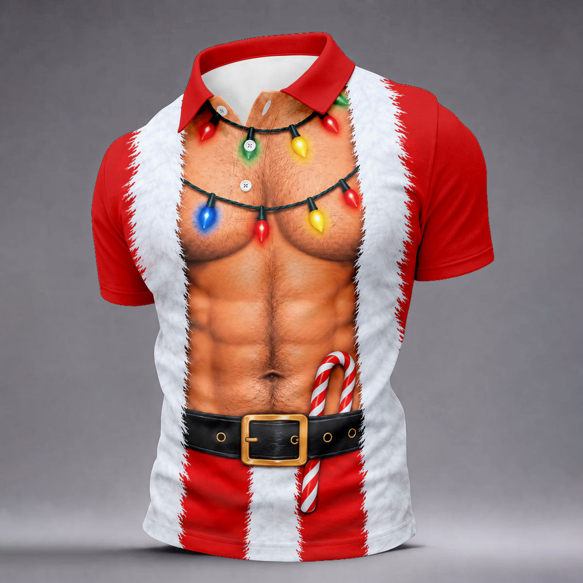 Santa Abs Lights Candy Cane Christmas Golf Shirt, Mens Golf Polo, Golf Shirts For Men