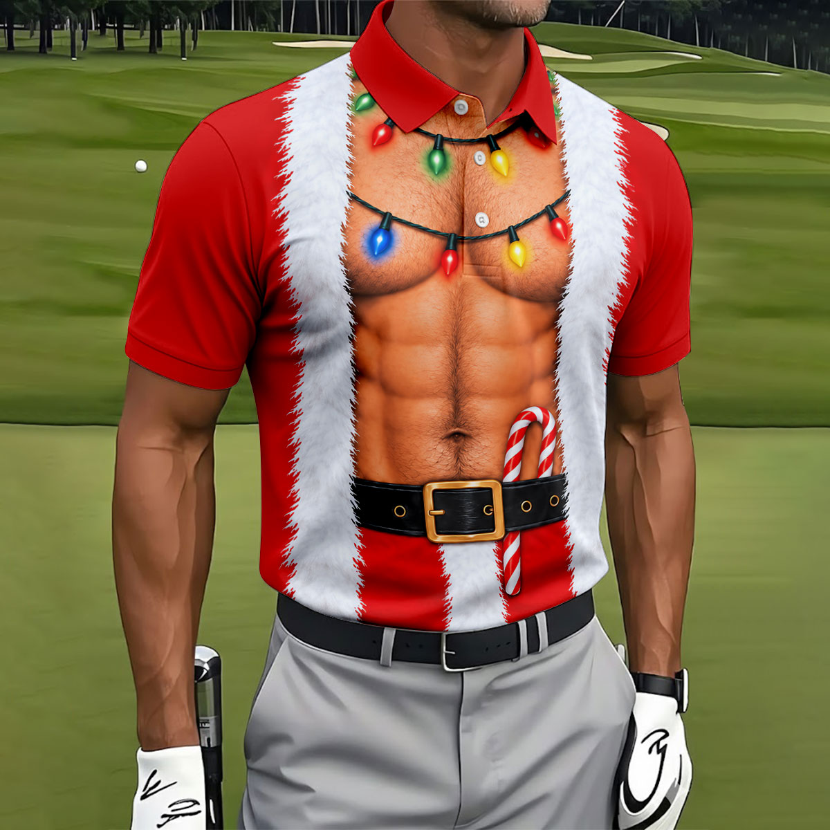 Santa Abs Lights Candy Cane Christmas Golf Shirt, Mens Golf Polo, Golf Shirts For Men