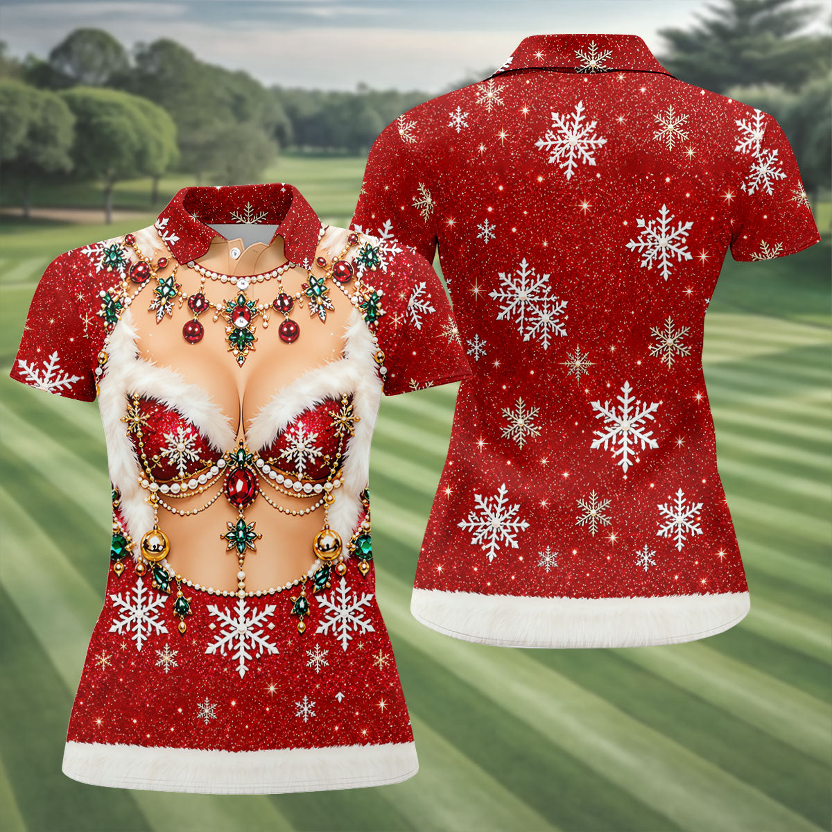 Jeweled Glitter Bra Christmas Golf Shirt, Womens Golf Apparel, Golf Shirts For Women