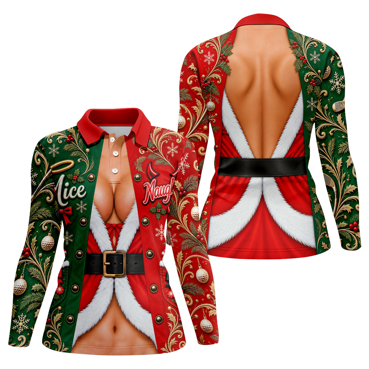 Nice Naughty Busty Santa Christmas Golf Shirt, Womens Golf Tops, Womens Golf Apparel