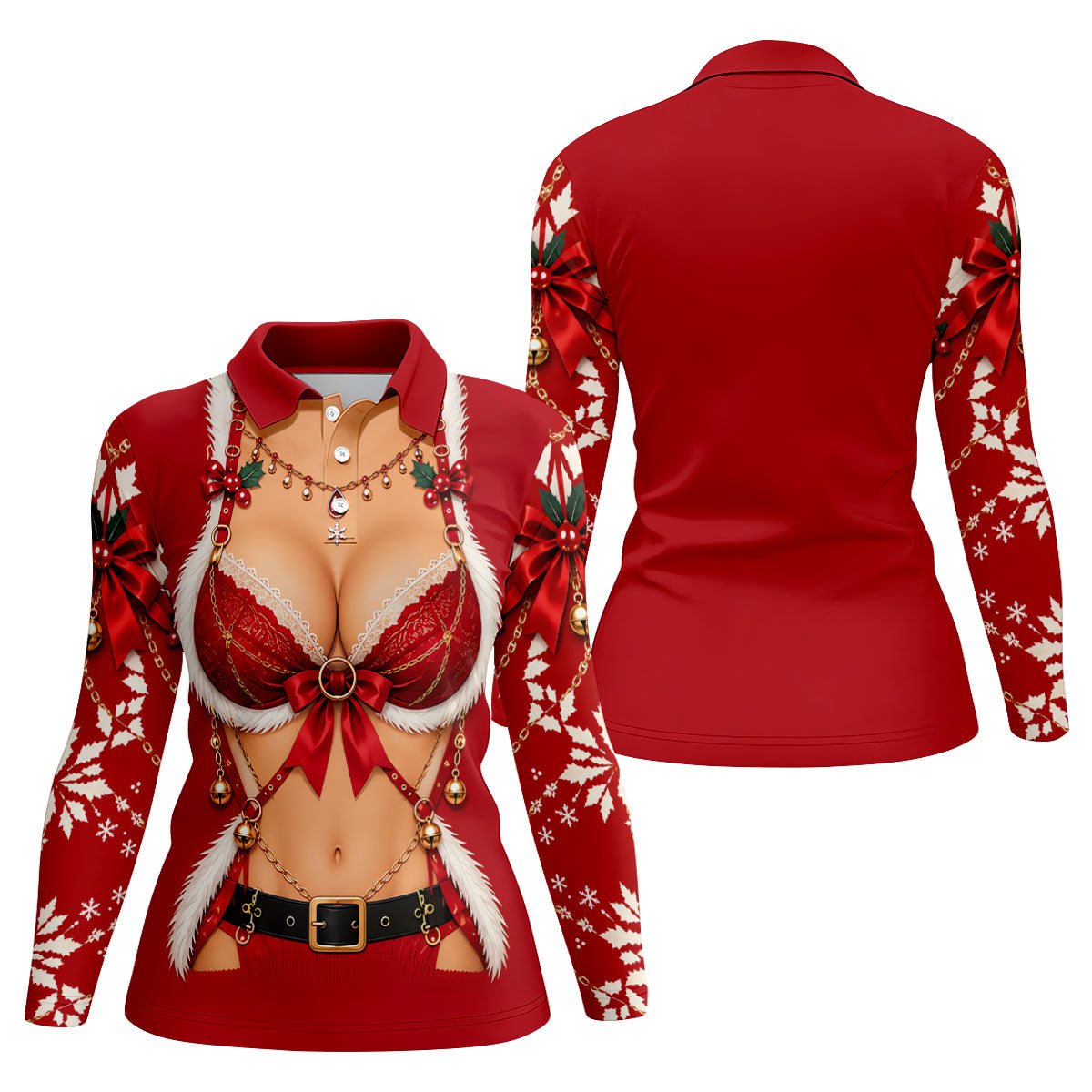 Red Lace Bra Harness Santa Christmas Golf Shirt, Ladies Golf Tops, Womens Golf Shirts