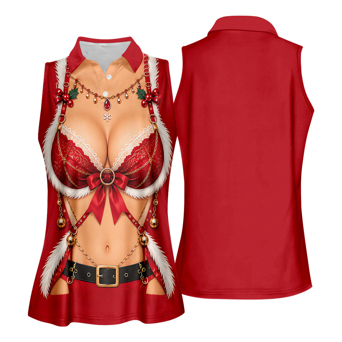 Red Lace Bra Harness Santa Christmas Golf Shirt, Ladies Golf Tops, Womens Golf Shirts