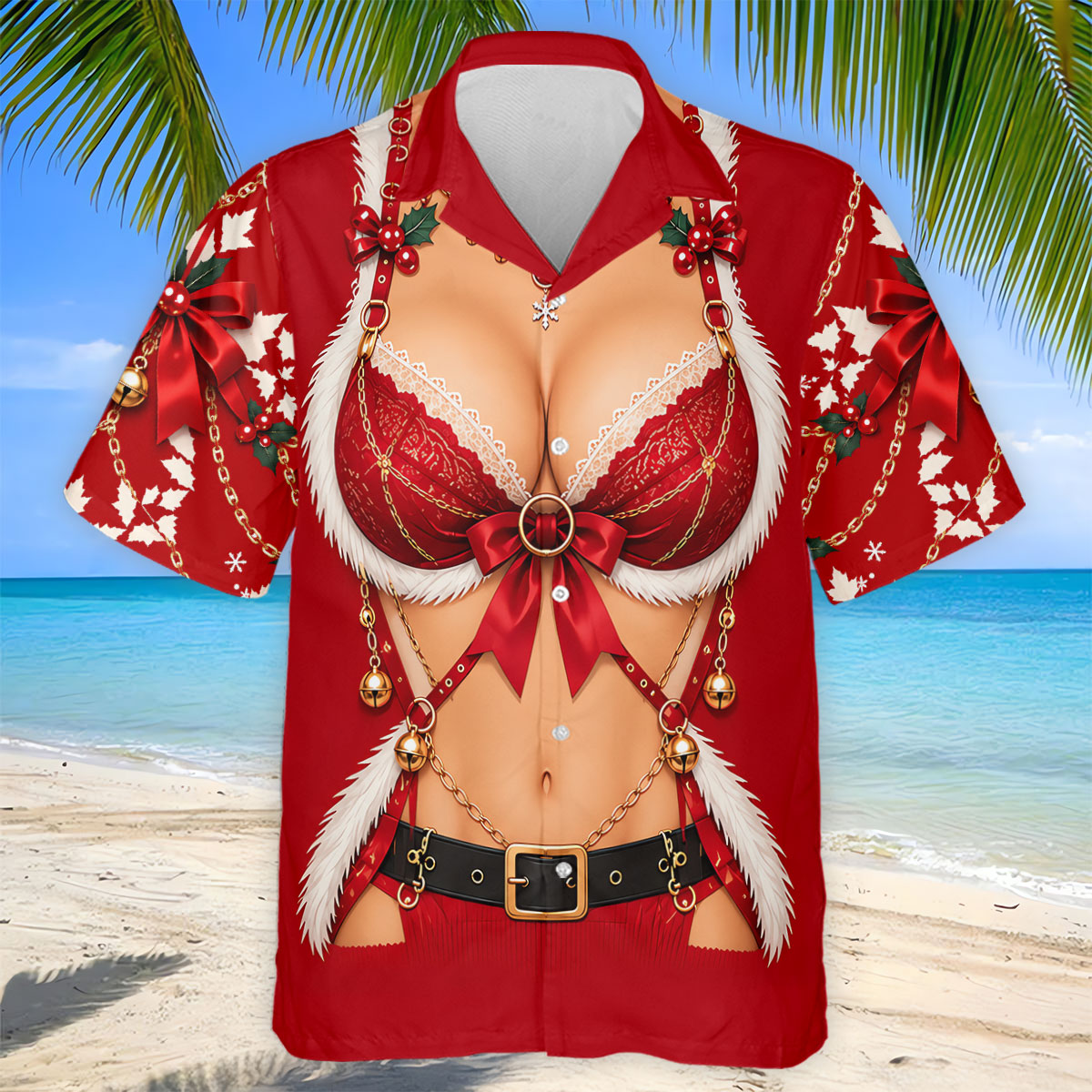 Red Lace Bra Harness Santa Christmas Golf Shirt, Mens Golf Apparel, Golf Polo For Men