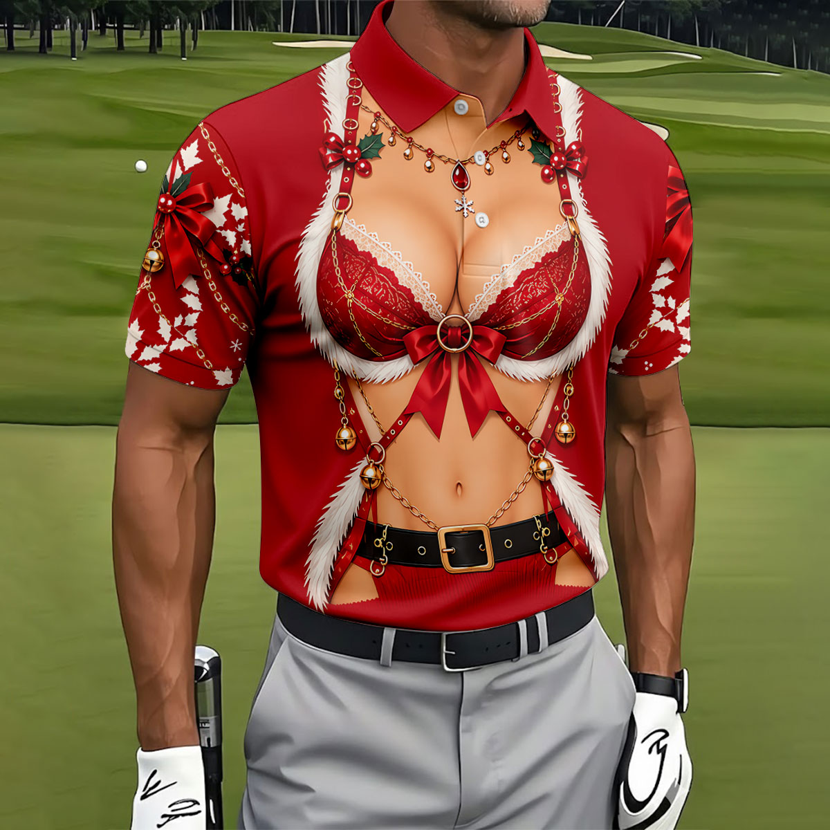 Red Lace Bra Harness Santa Christmas Golf Shirt, Mens Golf Apparel, Golf Polo For Men