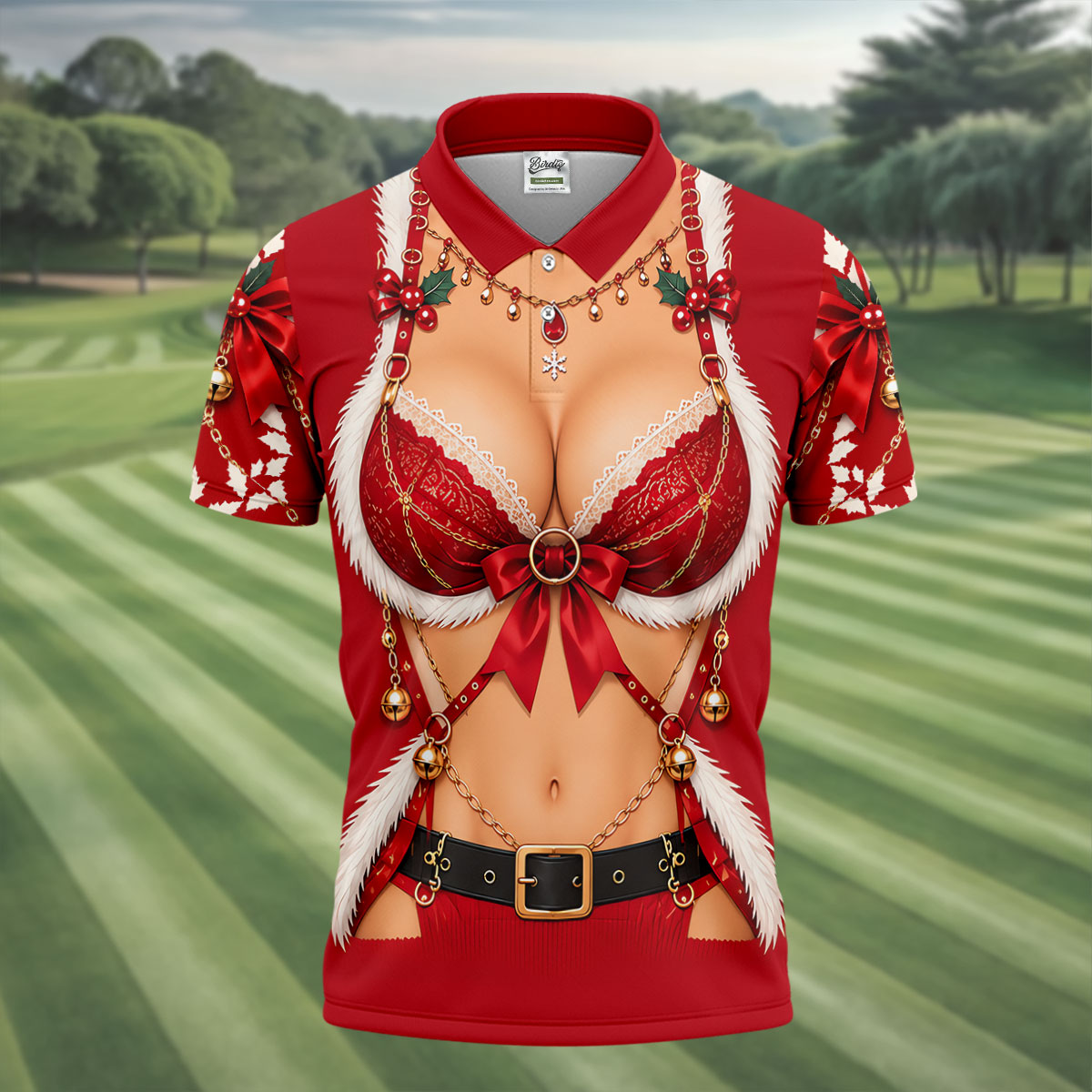 Red Lace Bra Harness Santa Christmas Golf Shirt, Mens Golf Apparel, Golf Polo For Men
