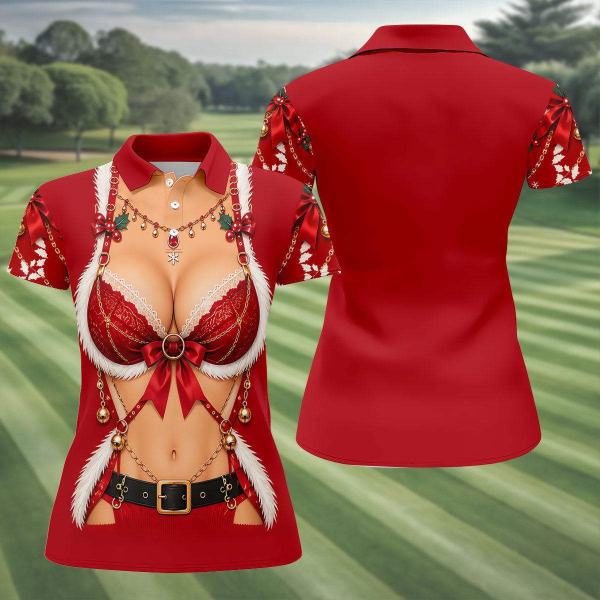 Red Lace Bra Harness Santa Christmas Golf Shirt, Ladies Golf Tops, Womens Golf Shirts