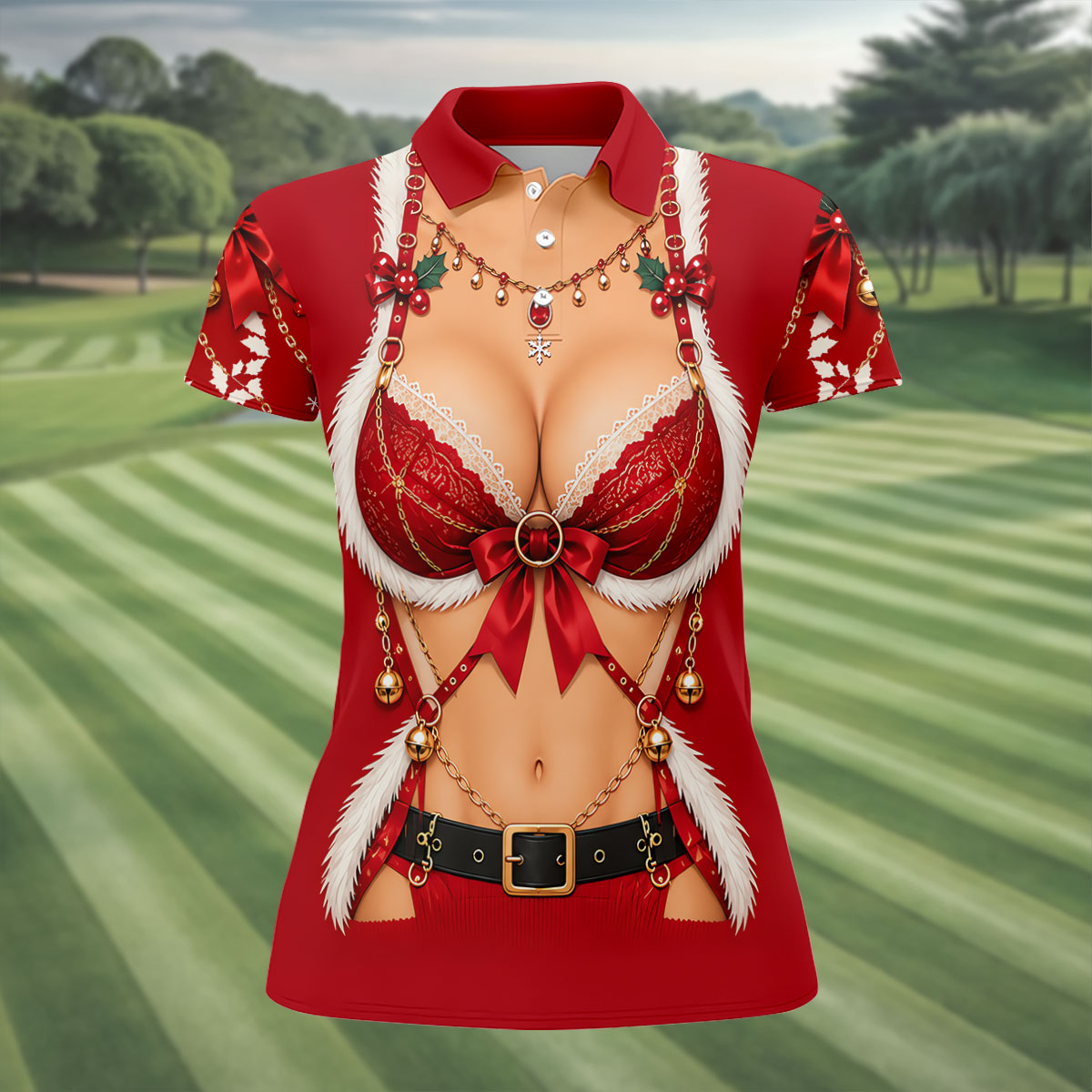 Red Lace Bra Harness Santa Christmas Golf Shirt, Ladies Golf Tops, Womens Golf Shirts