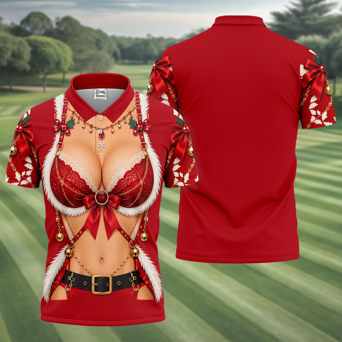 Red Lace Bra Harness Santa Christmas Golf Shirt, Mens Golf Apparel, Golf Polo For Men