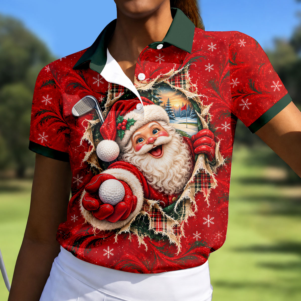 Santa Breaks Through Plaid Christmas Golf Shirt, Womens Golf Shirts, Womens Golf Tops