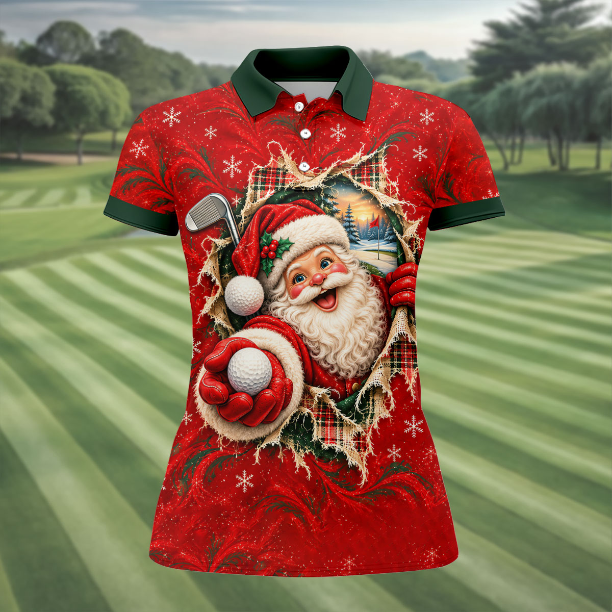 Santa Breaks Through Plaid Christmas Golf Shirt, Womens Golf Shirts, Womens Golf Tops