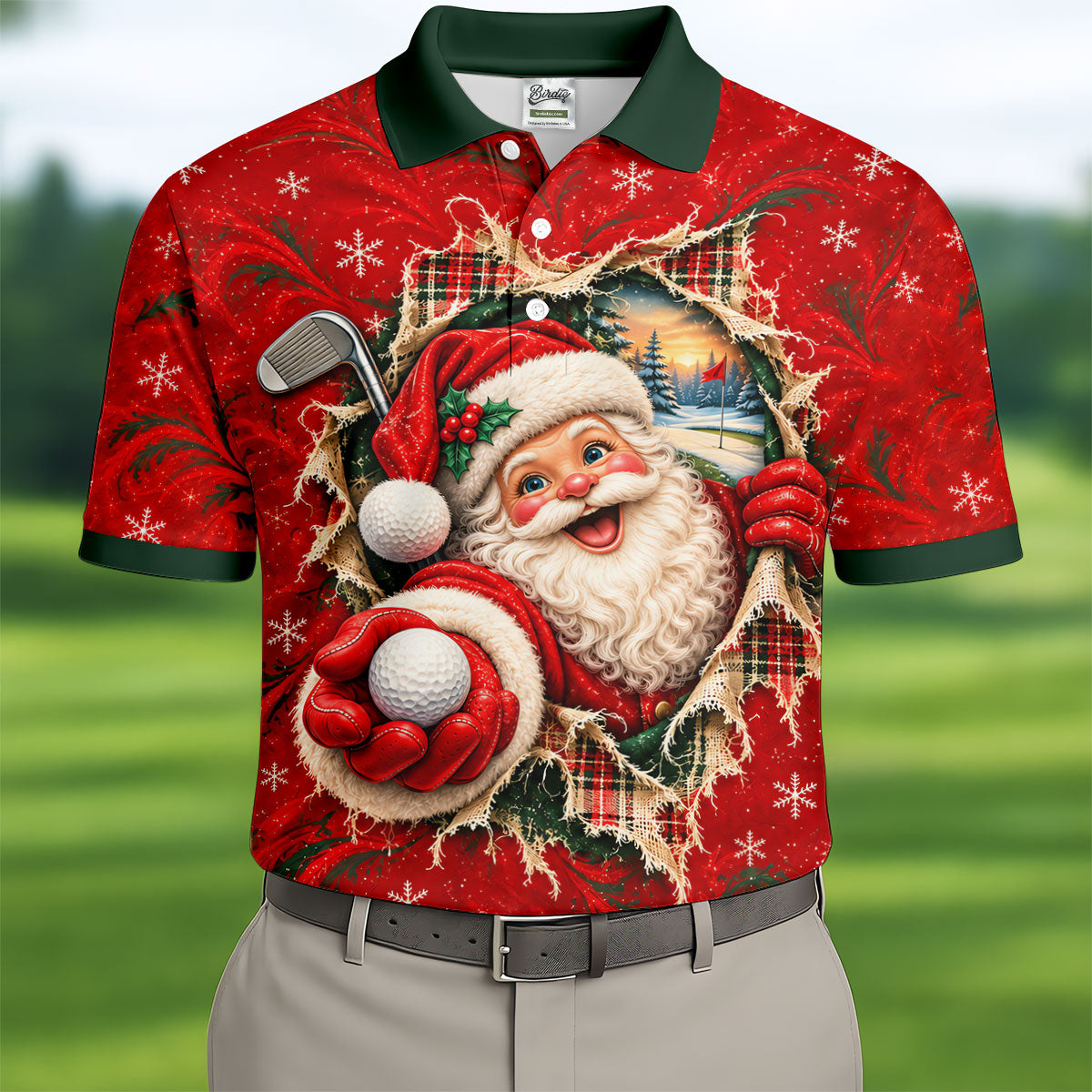 Santa Breaks Through Plaid Christmas Golf Shirt, Golf Gifts For Men, Mens Golf Polo
