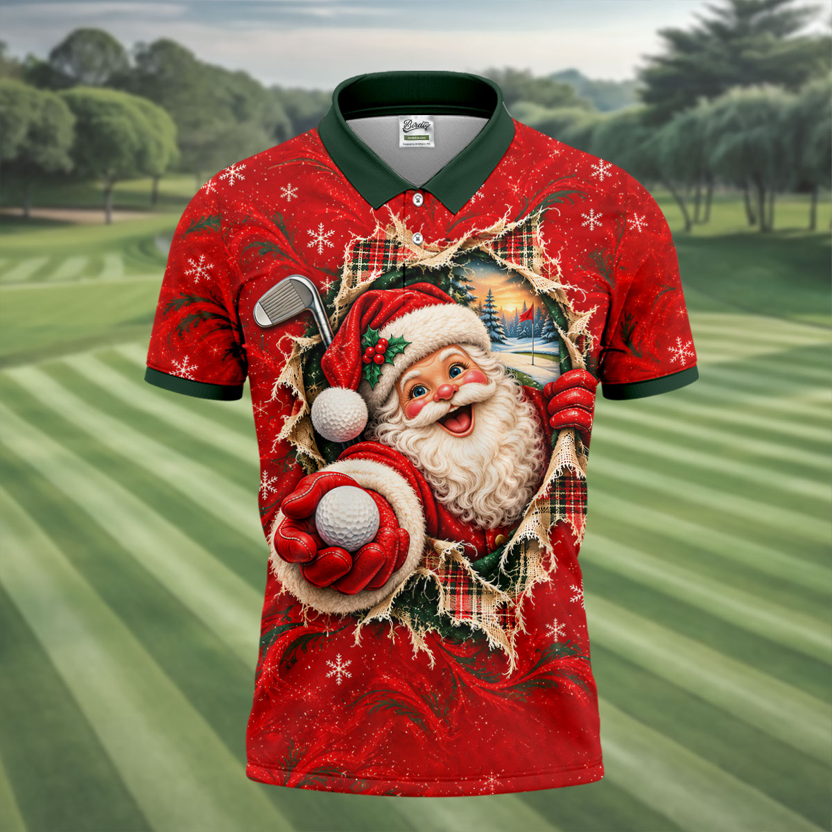 Santa Breaks Through Plaid Christmas Golf Shirt, Golf Gifts For Men, Mens Golf Polo