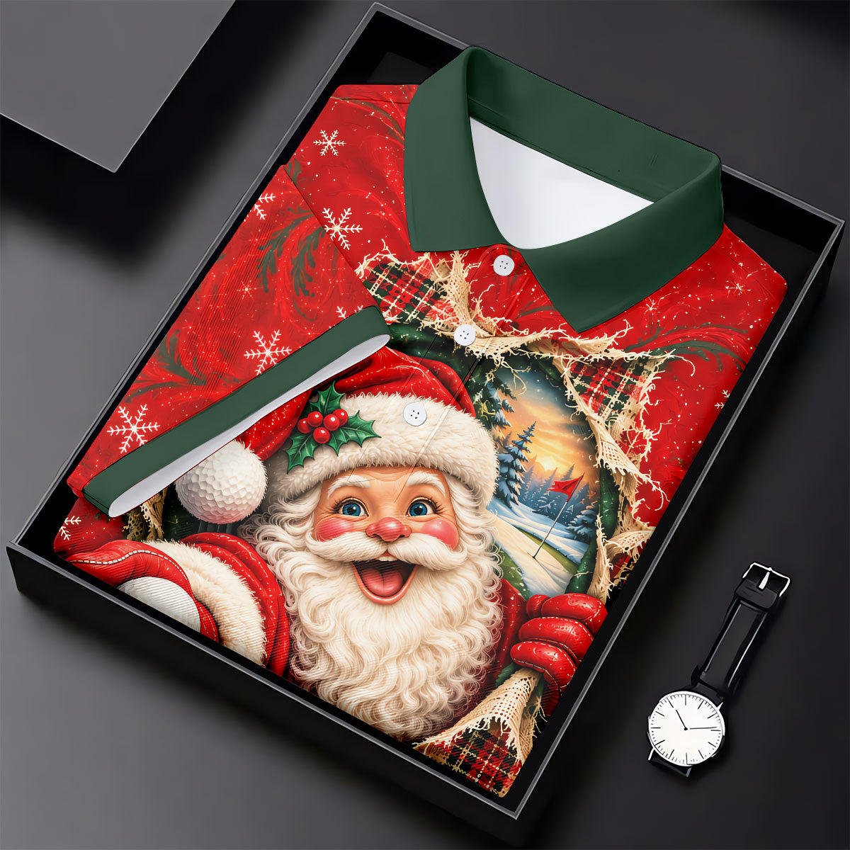 Santa Breaks Through Plaid Christmas Golf Shirt, Womens Golf Shirts, Womens Golf Tops