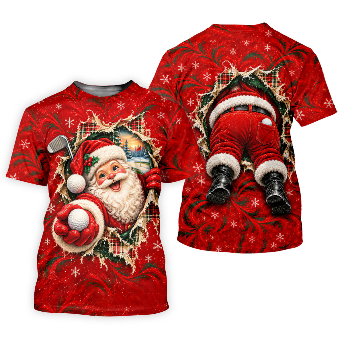 Santa Breaks Through Plaid Christmas Golf Shirt, Womens Golf Shirts, Womens Golf Tops