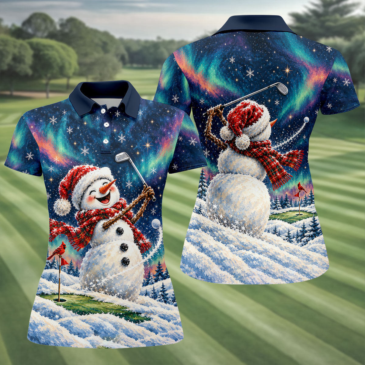 Aurora Snowman Golfer Christmas Golf Shirt, Golf Shirts For Women, Ladies Golf Shirts