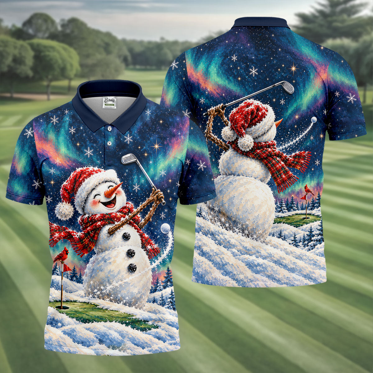 Aurora Snowman Golfer Christmas Golf Shirt, Funny Mens Golf Shirts, Mens Golf Apparel