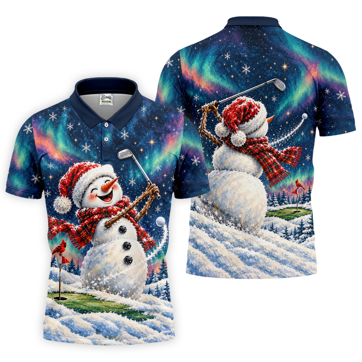 Aurora Snowman Golfer Christmas Golf Shirt, Funny Mens Golf Shirts, Mens Golf Apparel