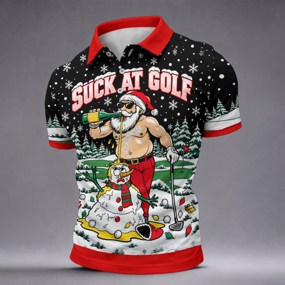 Suck At Golf Santa Beer Christmas Golf Shirt, Funny Mens Golf Shirts, Mens Golf Polo