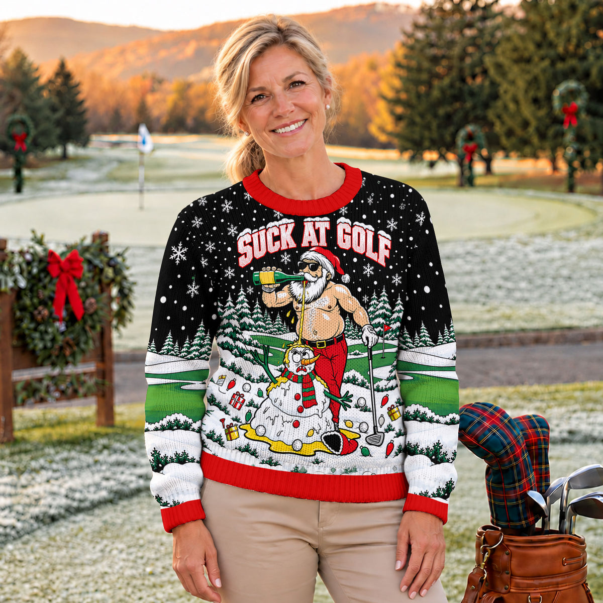 Suck At Golf Santa Beer Ugly Christmas Sweater, Funny Xmas Gift, Christmas Golf Gift