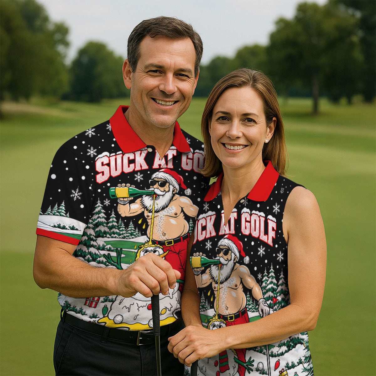 Suck At Golf Santa Beer Christmas Golf Shirt, Funny Mens Golf Shirts, Mens Golf Polo