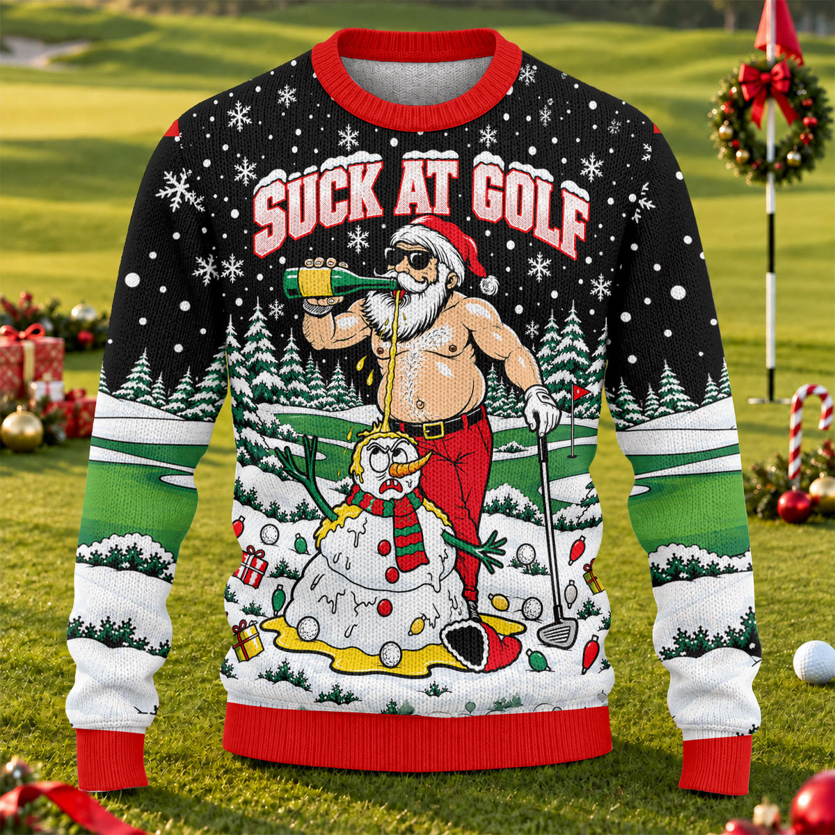 Suck At Golf Santa Beer Ugly Christmas Sweater, Funny Xmas Gift, Christmas Golf Gift