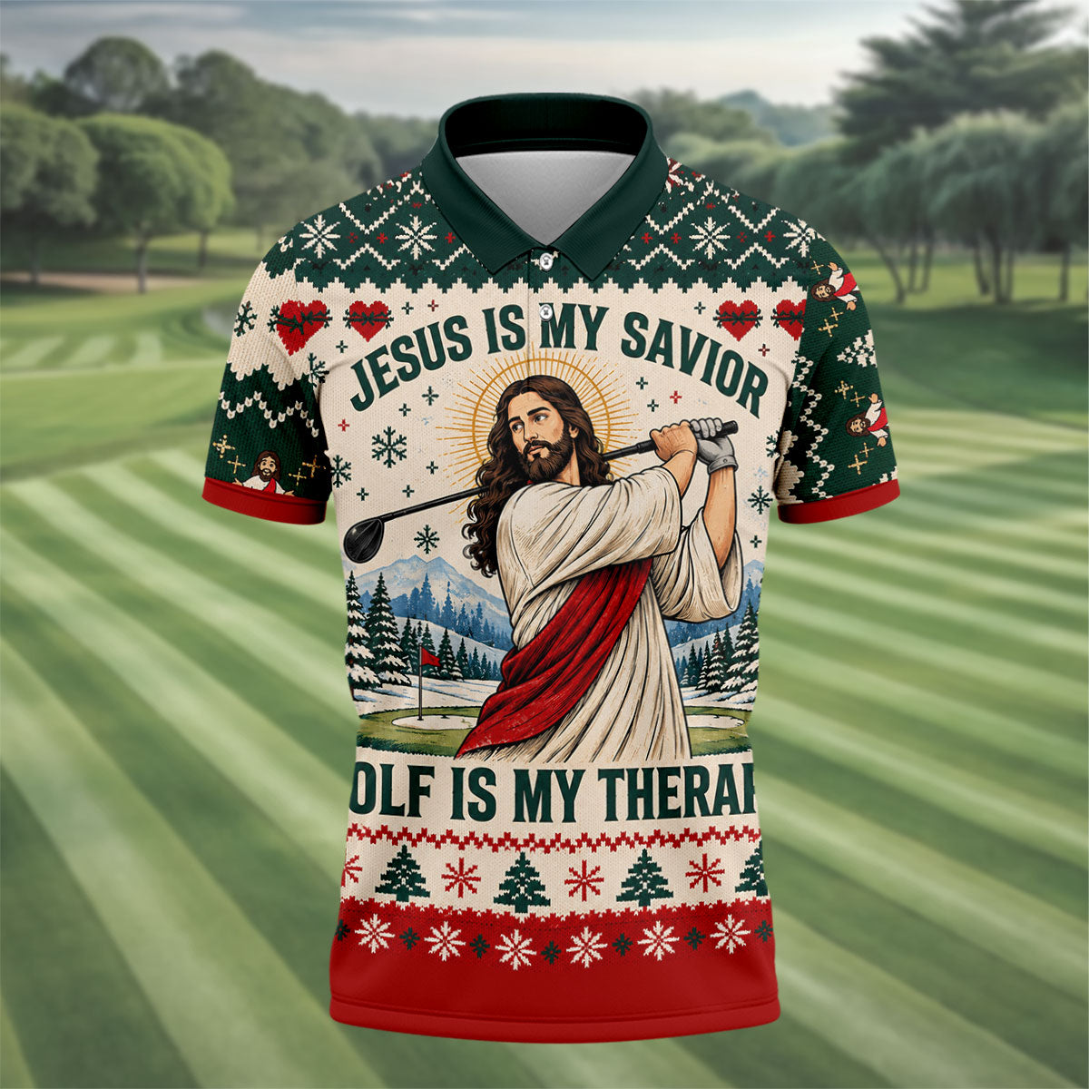 Jesus Savior Golf Therapy Christmas Golf Shirt, Mens Golf Shirts, Mens Golf Apparel