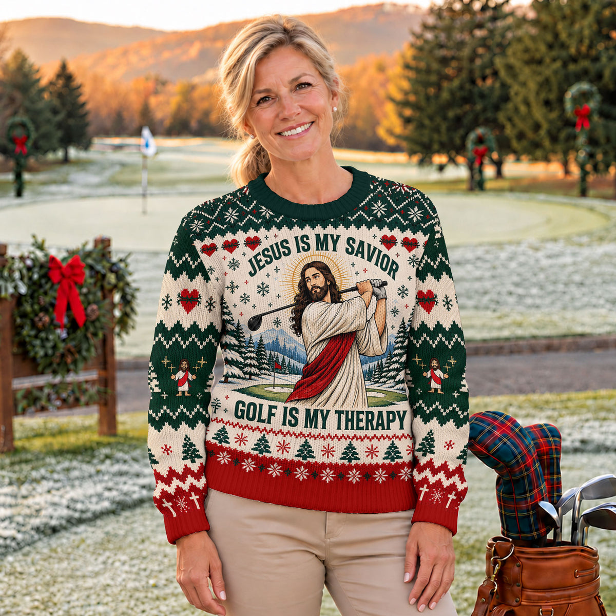 Jesus Savior Golf Therapy Ugly Christmas Sweater, Ugly Sweater Party, Funny Xmas Gift