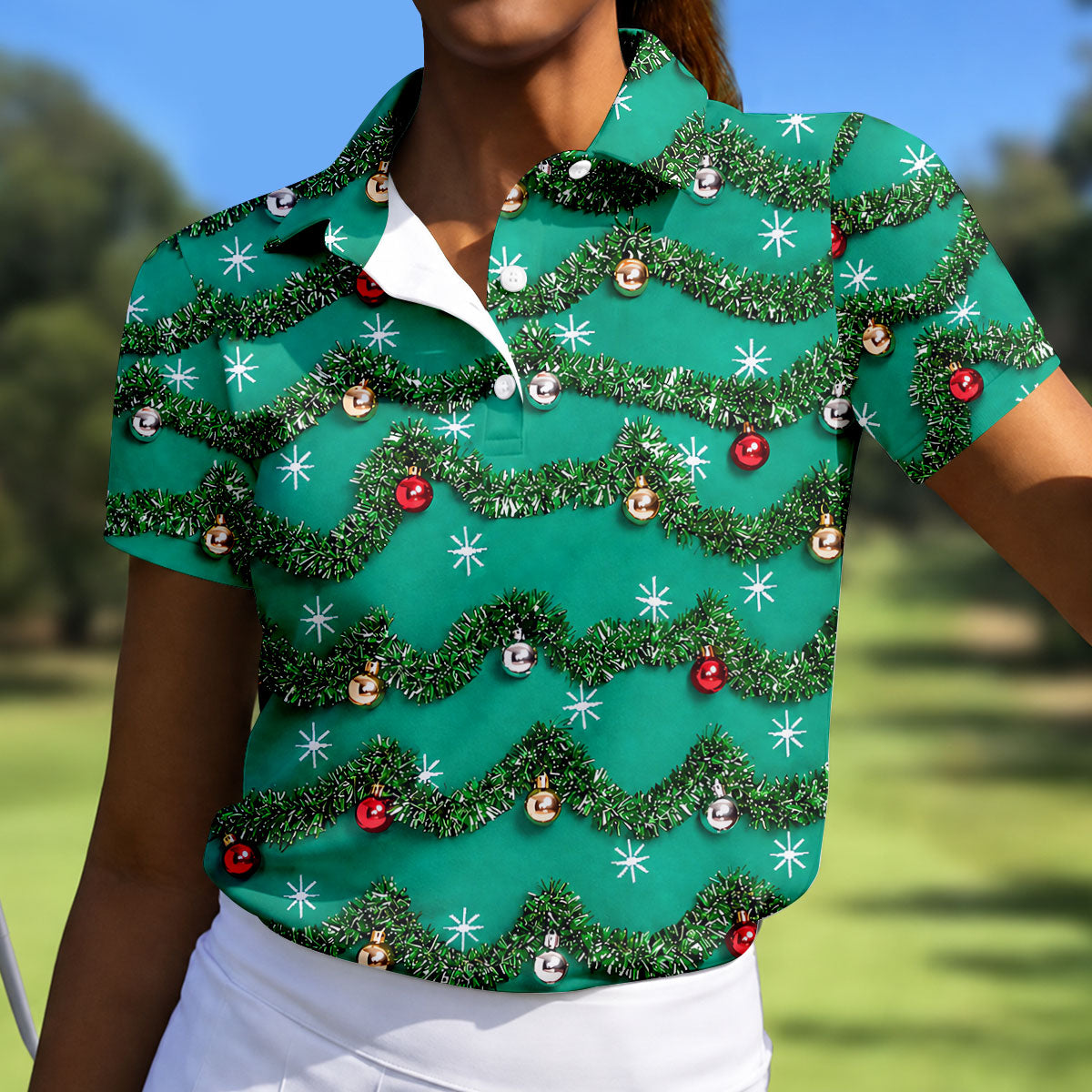 Tinsel Garland Ornaments Christmas Golf Shirt, Ladies Golf Shirts, Womens Golf Shirts