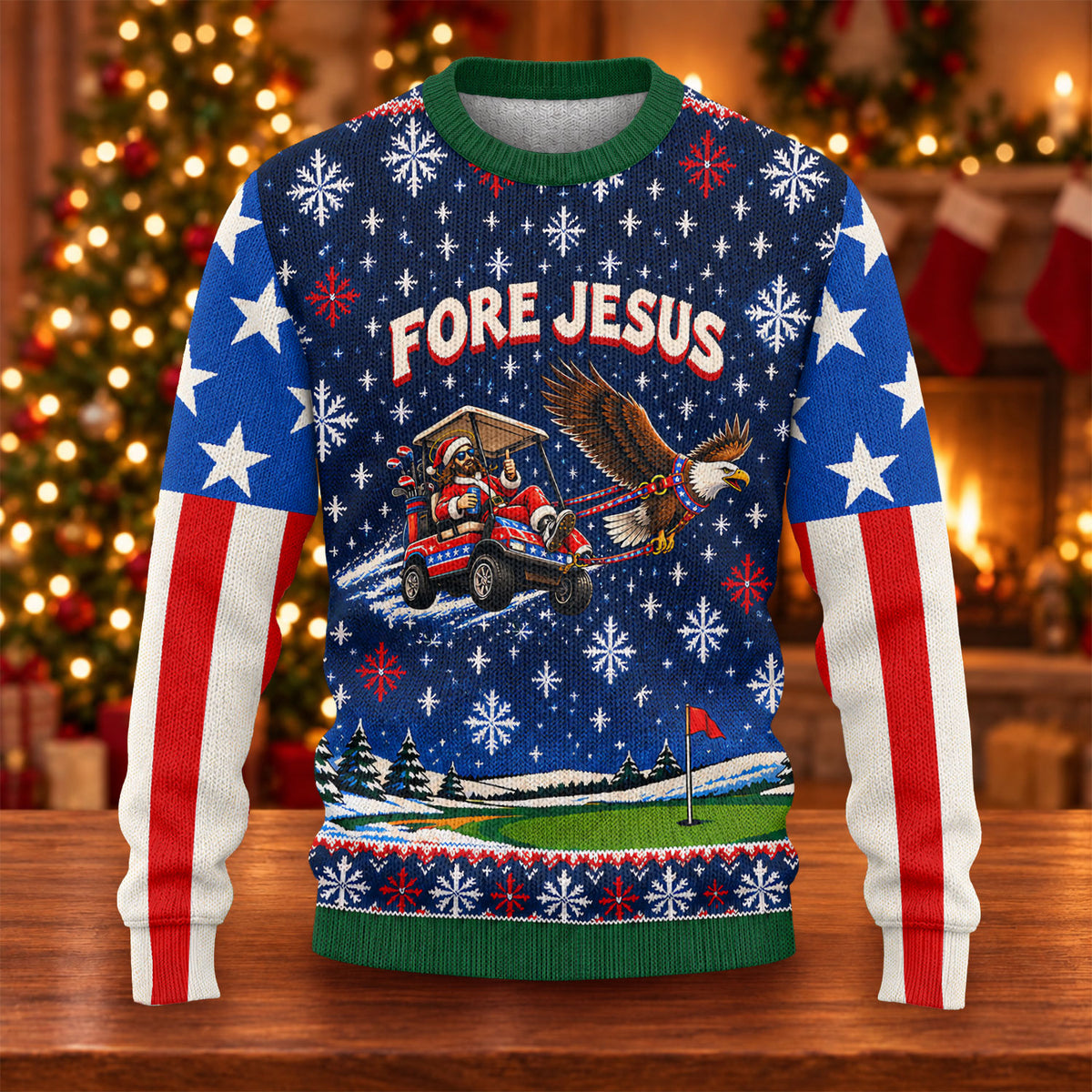 Fore Jesus Eagle Flag Ugly Christmas Sweater, Golf Lover Gifts, Funny Holiday Sweater