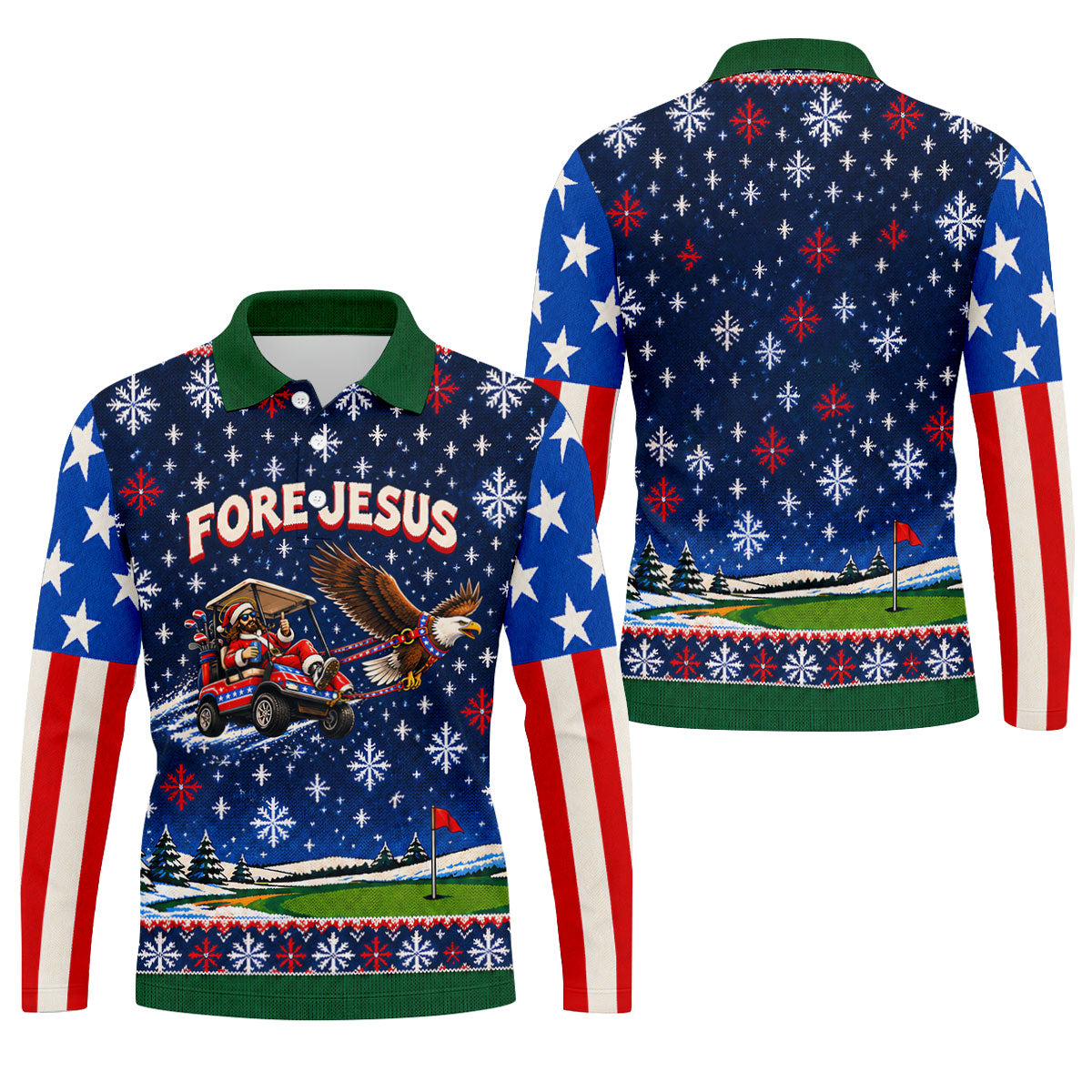 Fore Jesus Eagle Flag Christmas Golf Shirt, Golf Shirts For Men, Mens Golf Shirts