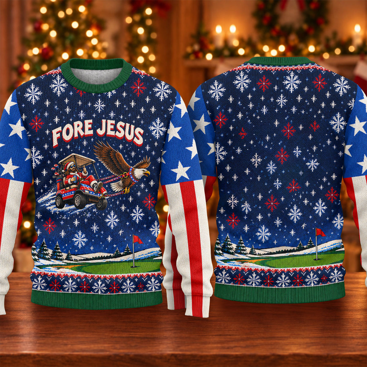 Fore Jesus Eagle Flag Ugly Christmas Sweater, Golf Lover Gifts, Funny Holiday Sweater
